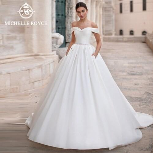 Michelle Royce A-Ling Wedding Dresses 2020 Sexy Sweetheart Off the Shoulder Lace Up Beaded Court Train Vestido De Novia