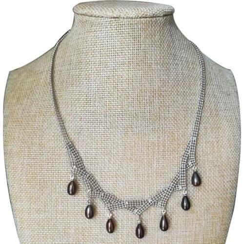18 inches 7-8mm Coffee Natural Rice Pearl Fringe Necklace with Tail Chain