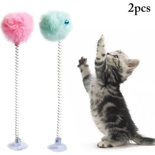 2pcs Plastic Cat Toy Cat Interactive Toy With Bottom Sucker Elastic Spring Feather Plush Ball with Bell Cat Toy for Cats