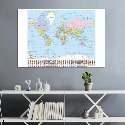 225*150cm The World Political Map with National Flags Detailed Wall Poster Non-woven Canvas Painting Home Decor School Supplies