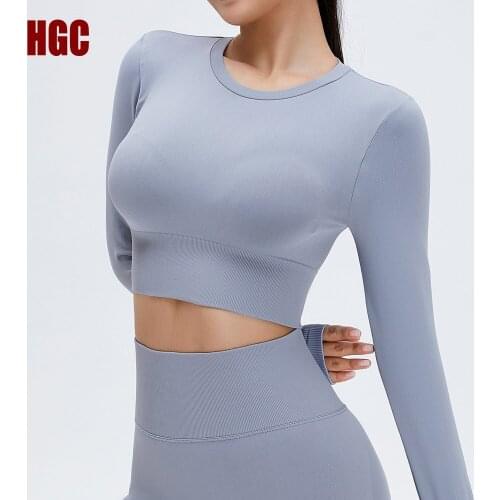 Seamless Yoga Blouse Women Long Sleeve Gym Crop Top High Elastic Quick Dry Round Neck Exercise Push-up Sports Shirts HGC