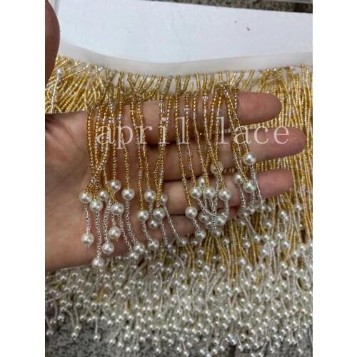 G01 # 10 yards/bag 12-13 cm width golden mix ivory beads ribbon fringe tassel for decorative/wedding bridal /fashion designer