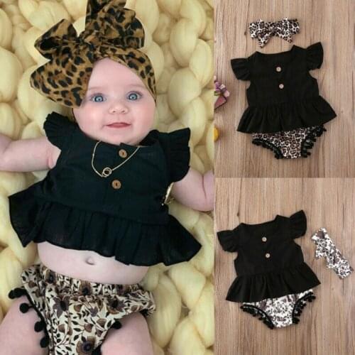 Infant Kids Baby Girls Boys Clothes Sets Ruffles Sleeve Black T Shirts Tops Leopard Floral Print Shorts Headband