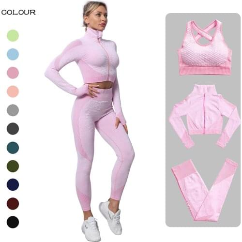 Short Bar Seamless Women Yoga Set Workout Sportswear Gym Clothing Fitness Long Sleeve Crop Top High Waist Leggings Sports Suits