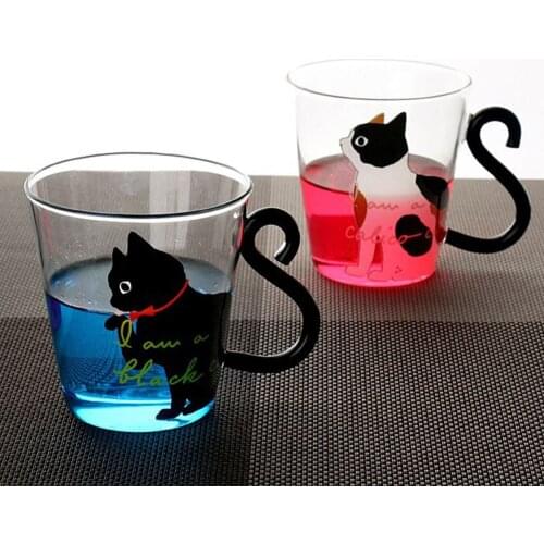 250ML Cute Cat Glass Juice Coffee Cup Milk Tea Coffee Glass Mug Cat Tail Handle Milk Glass Cup Juice Glass Mug 8.5oz
