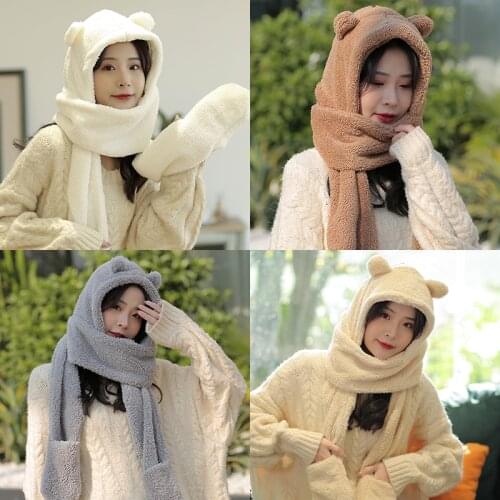Fashion Women Casual Plush Winter Hat with Ear Flaps Novelty Beanies Caps Warm Cute Bear Ear Hat Scarf Gloves Set Gift Solid