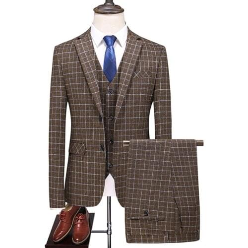 Men Dress Suits British 3Piece Men Wedding Suit New 2021 Autumn Mens Business Formal Plaid Suit Men Luxury Slim Fit Dress