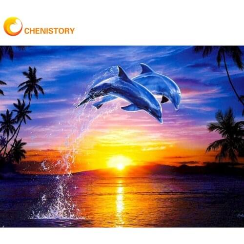 CHENISTORY Diamond Embroidery Scenery 5D Dolphins Diamond Painting Kit Animals Full Square Round Drill Mosaic Sale Home Decor