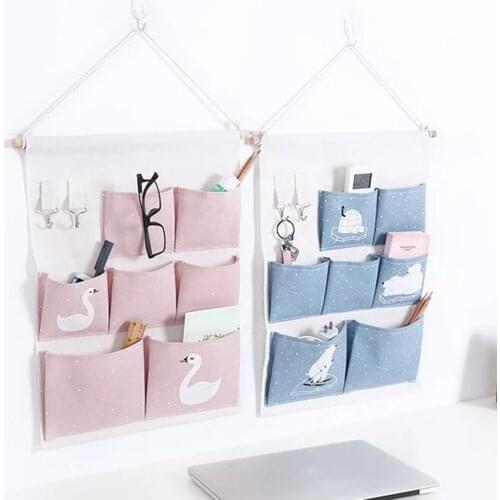 Pink Printing 7 Pockets Wall Hanging Storage Bag Waterproof Sundries Pouch Bedroom Sundries key Bag Simple Home Organizer