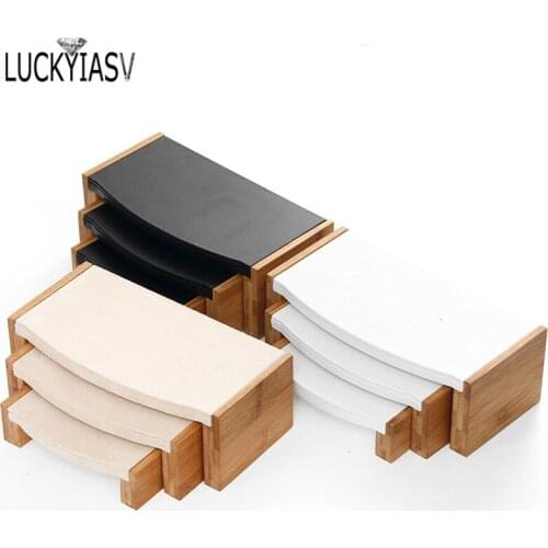 Natural Bamboo Wood Necklace Ring Jewelry Jade Counter Display Stool 3 Pieces Suit High & Low Cabinet Jewelry Display Stand Rack