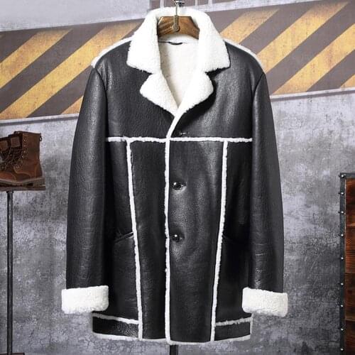 2019 New Mens Sheepskin Shearling Jacket Long Leather Jacket Fur Coat Mens Winter Coats Trench Coat