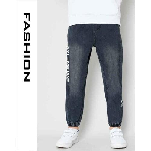 2021 New Fashion Kids Jeans Letter Printing Elastic Waist Boy Jeans Children Jeans Spring Autumn Casual Kids Pants 6-16 Year Old