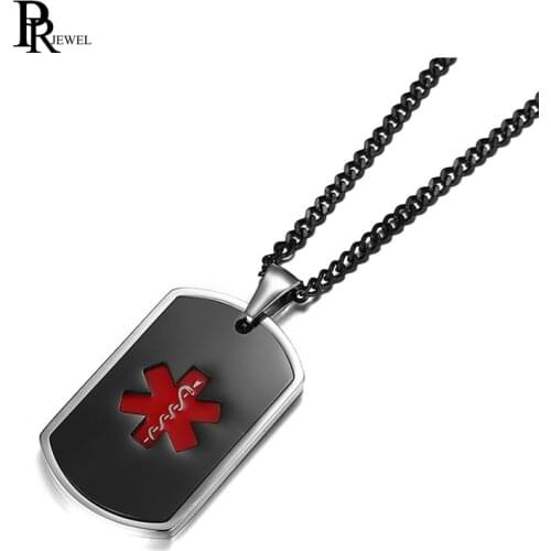 Custom Free Engraved Diabetes Diabetic Medical Alert Tag Pendant Necklace in Enamel Black & Red Color Jewelry