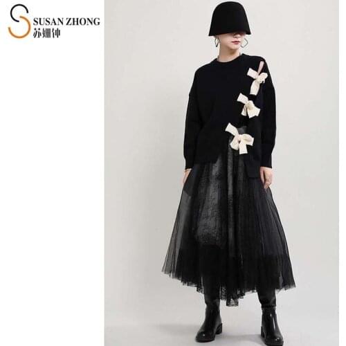 Women Pullovers Female Sweaters Lady Tops Japan Style Designer Fall Spring Loose Crew Neck Lantern Sleeve Drop Shoulder Bow Slit
