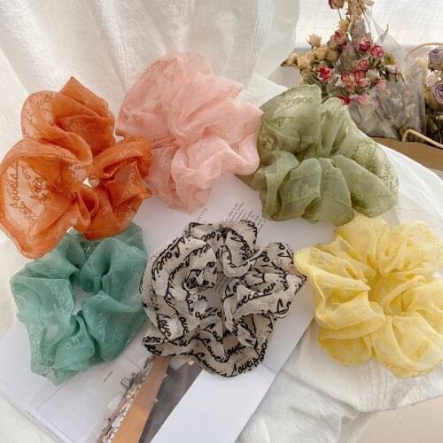 Retro French Letters Super Large Organza Hair Scrunchies Flocking Soft Elastic Hair Band Bun Head Rope Ponytail Ties Accessories