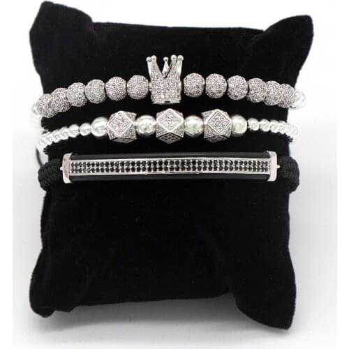 Luxury Jewelry CZ Ball Crown Charm Bracelet Copper Bead Macrame Handmade Men 3pcs Bracelets Set Bangles For Men Jewelry