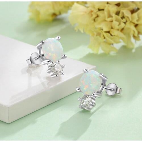 925 Sterling Silver Round White Opal Earrings with Zirconia Elegant Stud Earrings for Women Silver 925 Jewelry