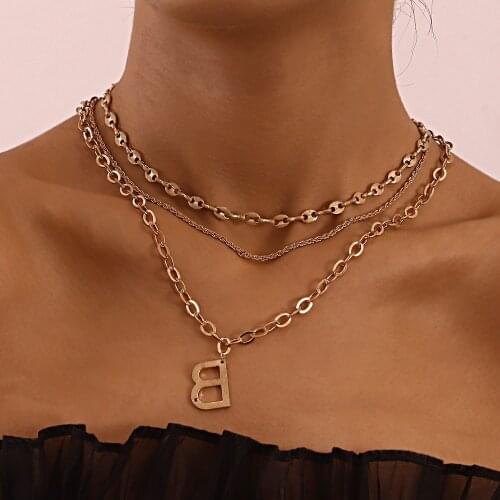 Rhinestone B Letter Pendant Necklace for Women Choker Clavicle Chain Layered Necklaces Female Gold Color 2021 Fashion Jewelry