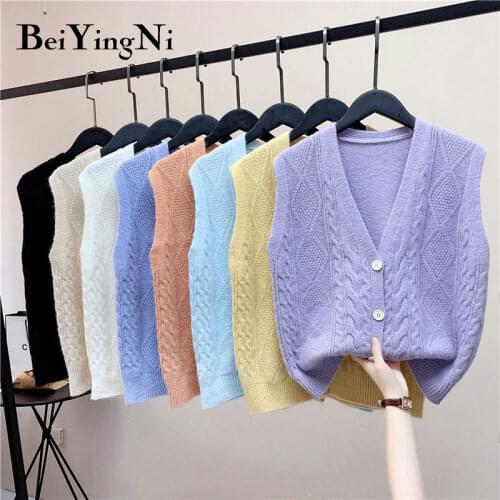 Beiyingni Autumn Winter 2021 Sweater Vest Women Single-breasted Casual Vintage Korean Knitted Cardigan Female Solid Color Jacket