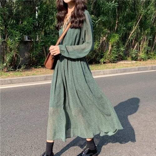 Vintage Lace Up Dot Green Chiffon Dress Women Spring Elastic Waist Female Long Dress 2021 Spring A-line Vestidos Femme 9886