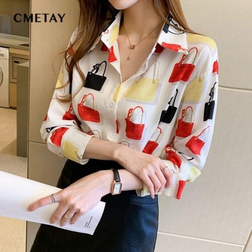 2021 New Printed Blouse Women Turn Down Collar Long Sleeved Shirt Plus Size Clothes Office White Blouse Women Spring Autumn