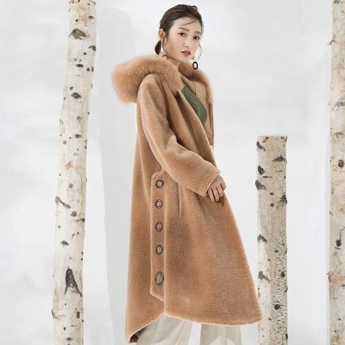 Real Fur Coat Women Winter Jacket Fox Fur Collar Hooded Plus Size Long 100% Wool Fur Coats and Jackets Abrigo Mujer F8512 KJ5880