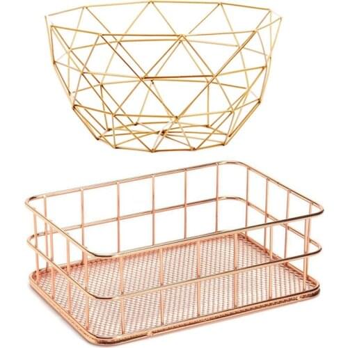 2Pcs Storage Baskets Metal Art Snacks Candy Fruit Basket for Living Room Desktop Kitchen - Rose-Gold & Gold