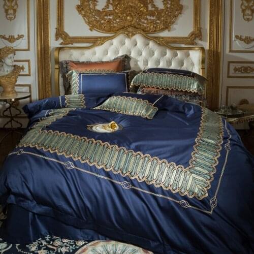 New luxury Blue 120S Egyptian cotton Embroidery Royal Bedding sets Queen King Lace Duvet cover Bed sheet set Pillowcases 4/5pcs