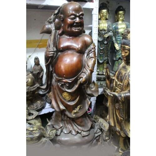 47" Chinese Buddhism Bronze cucurbit moneybag Happy Laugh Maitreya Buddha Statue