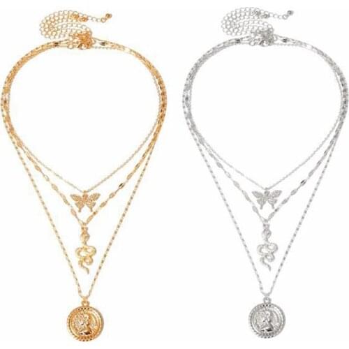 Butterfly Snake Pendant Necklaces Women Punk Multilayer Clavicle Chain Geometric girl Jewelry Birthday Party Gifts