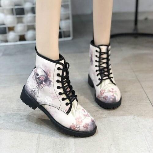 Hot Skeleton Women Snow Ankle Boots Motorcycle Skull Pansy Low Heels Shoes Vintage Pu Leather Warm Winter High Platform