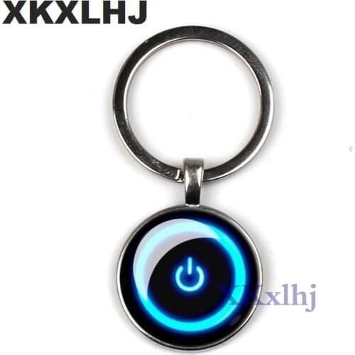 XKXLHJ Hanging Power Button Key Chain Glass Cabochon Art Pattern Pendant Neon Computer Key Chain Mens Handmade Gift Jewelry