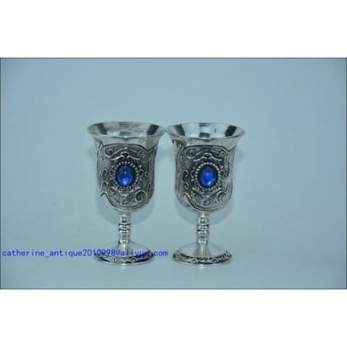 Antique old Chinese silver&sapphire cup,A PAIR,Collection&Adornment,Free shipping