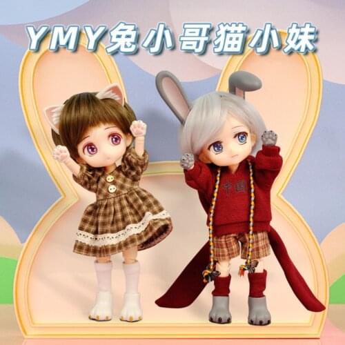 YMY Rabbit Cat Ears Doll Head Ob11 Whole Doll BJD Clay Doll 1/12 Joint Doll Includes: Doll Head + Wig + Body + Shoes + Clothes