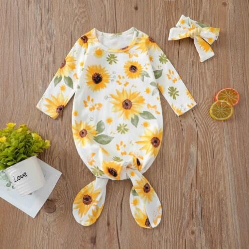 Newborn Baby Clothes Set Toddler Kids Girls Summer Sunflower Pattern Outfit Bow Headwear Sleeping Bag New Born Clothes