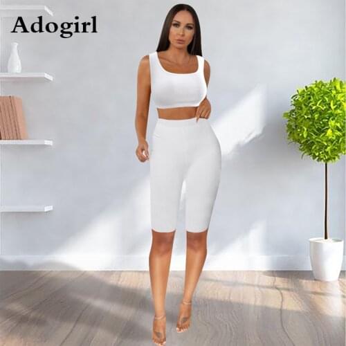 Adogirl Slim Two Piece Set Women Threaded Tank Top and Skinny Knee Length 2 Piece Set Casual Female Sporting Tracksuit