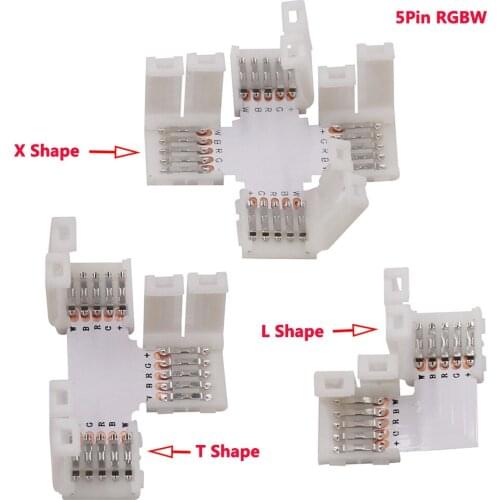 5Pcs RGBW LED Strip RGB Connector Clip 4pin 10mm 5PIN 12mm L T X Shape 2pin 10mm Connecting Corner Angle solderless PCB board