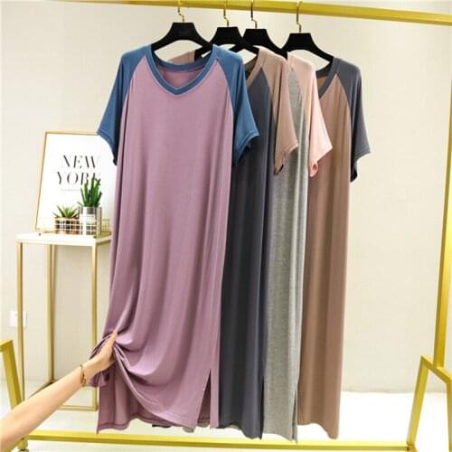 Summer New Female Night Dress V-neck Loose Plus Size Nightshirt Modal Cotton Sleepwear Nightgowns Women Short-sleeved Long Skirt