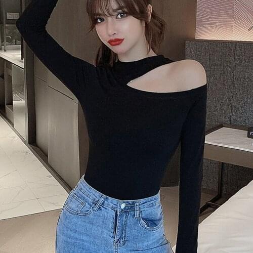LJSXLS 2021 Spring Women Clothing Cotton Hollow Out Women Tshirts Long Sleeve T-shirt Sexy Off Shoulder Female Tops Black White