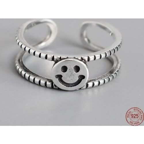 LKO 925 Sterling Silver Weave Happy Smile Face Open Ring For Women Simplicity Cute Geometric Smiley Faces Adjustable Rings