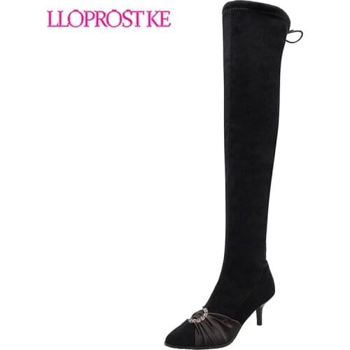 Lloprost ke fashion thin high heels pointed toe glitter crystal buckle over the knee boots women ladies thigh high boots H548
