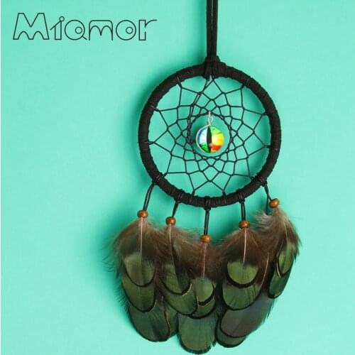 MIAMOR Small Cat & Evil Eye Dreamcatcher With Green Feather Car Pendant Decor & Home Wall Art Decoration Accessories Amor0731