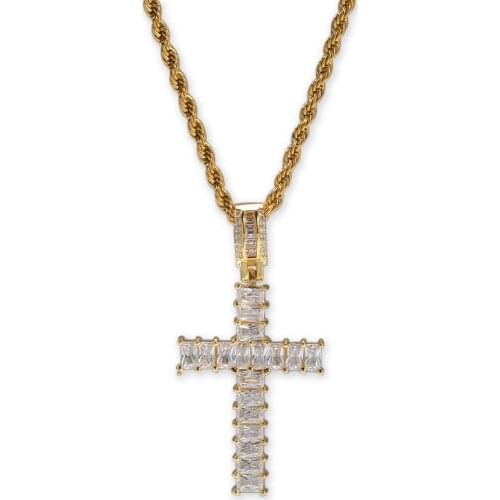 Hip Hop Fashion 1 Row Square AAA Zircon Paved Bling Iced Out Cross Pendants Necklace for Women Men Jewelry Gold Silver Color