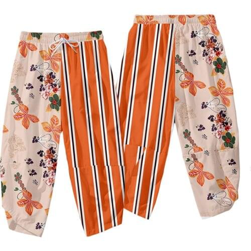 Male Orange Floral Striped Patchwork Harem Pants Hip Hop Pockets Streetwear Men Harajuku Fashion Casual Loose Joggers Trousers