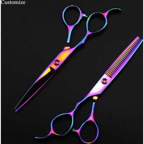 Customize logo Japan 440c Left hand 6 inch rainbow cut hair scissors cutting barber haircut thinning shears Hairdresser scissors