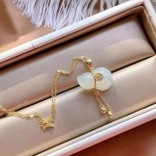 Original Hetian Jade S925 Sterling Silver Pendant Womens Small Calabash Jade Silver Gilding Craft Necklace Retro Chinese Style