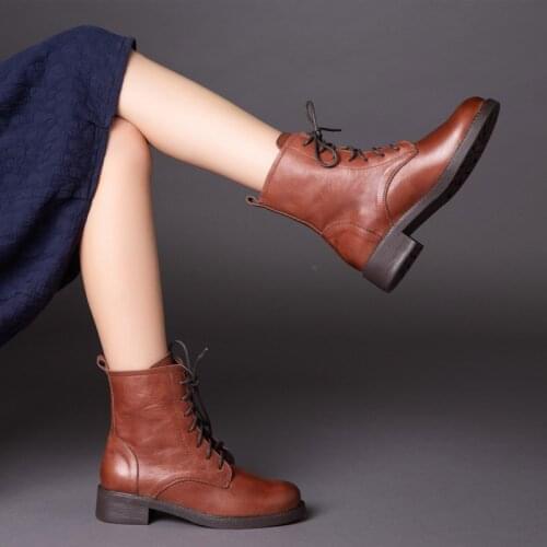 Careaymade-Autumn short boots womens Handmade soft cow leather Martin boots medium tube thick heel single lace up boots