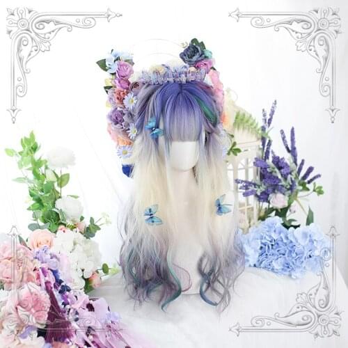 Gradient Purple Beige Lolita Wig Harajuku Fairy Princess Cosplay Bangs Blue Curly Long Synthetic Hair Adult Girls Daily Wear