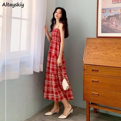 Sleeveless Dress Women Ruffles Plaid Leisure Summer Holiday Trendy Ulzzang Streetwear Ins Travlel Beach All-match Comfortable