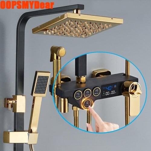 Hot Cold Mixer Shower Set Bathroom Smart Thermostatic Shower System Wall Mount Digital LED Bath Faucet Square Head SPA Rainfall